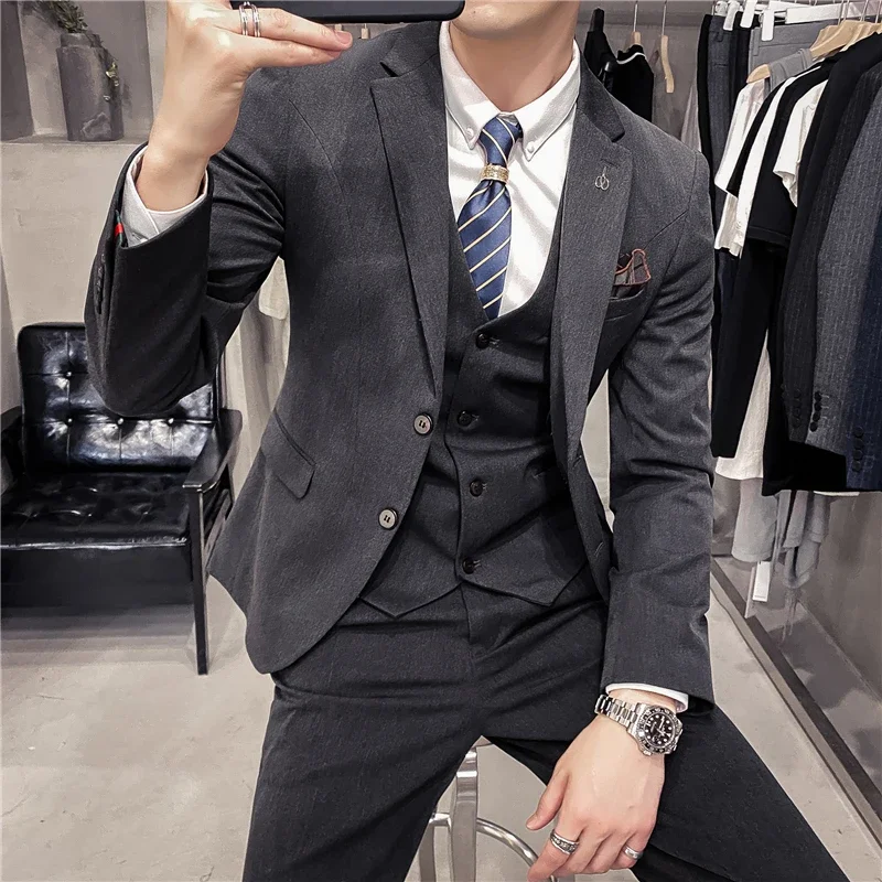 

S-7XL ( Blazer + Vest + Pants ) Striped Plaid Solid Color Mens Formal Business Suit 3Pcs Set Groom Wedding Social Show Dress