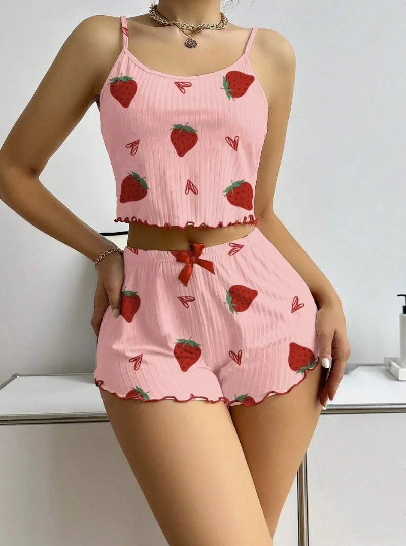 Women's Home Wear - Heart-shaped Printed Halter Shorts - Casual and Suitable for Wearing Outside, European-style Women's Pajamas