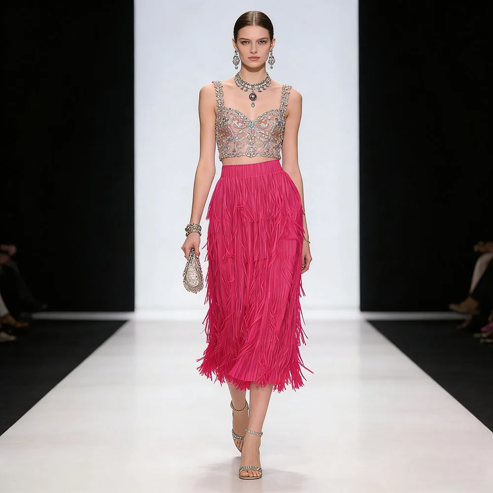 

Loose Streetwear Tassel Midi Skirt Women 2026 Spring Summer High Waist A Line Flowy Skirt