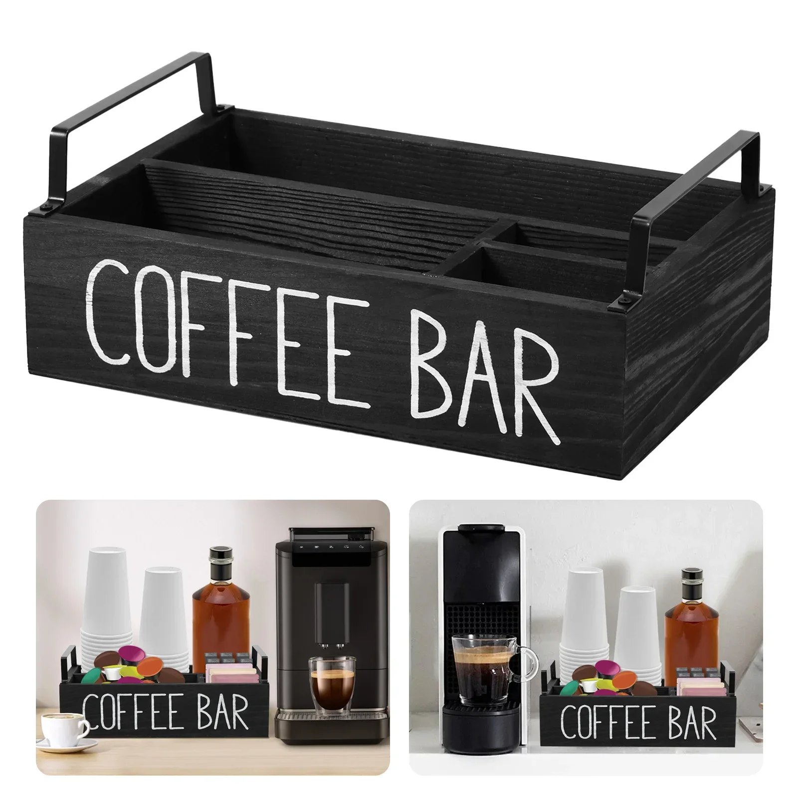 

Wooden Coffee Bar Organizer 4-Grid Coffee Station Countertop Storage Box for Storage Stacked Coffee Cup,Creamers,Coffee Tools