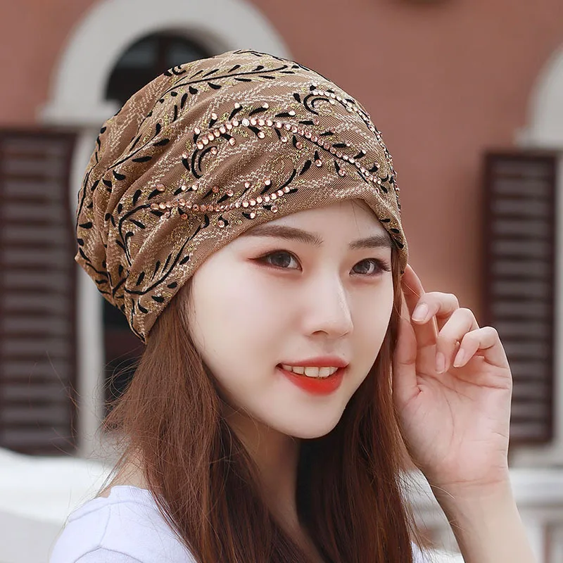 Mulheres strass renda chapéu de turbante, chapéus muçulmanos, lenço fino, gorro, perda de cabelo Caps, respirável, moda feminina, verão