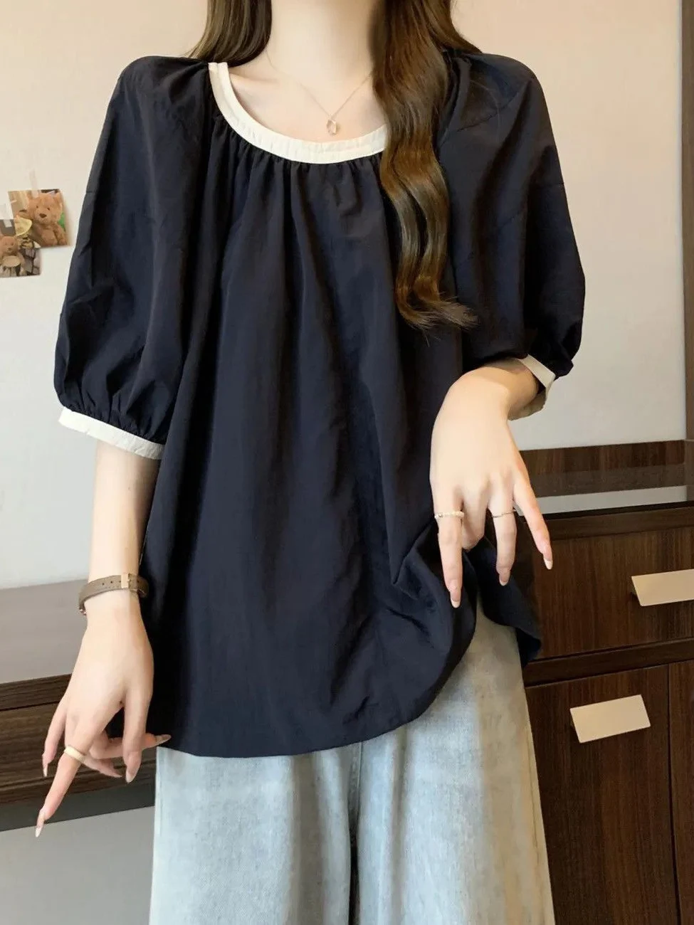 Extra Large Size Color Block Bubble Sleeve Short Sleeve T-Shirt Women's Summer Fashion Loose Slimming Belly Covering Top