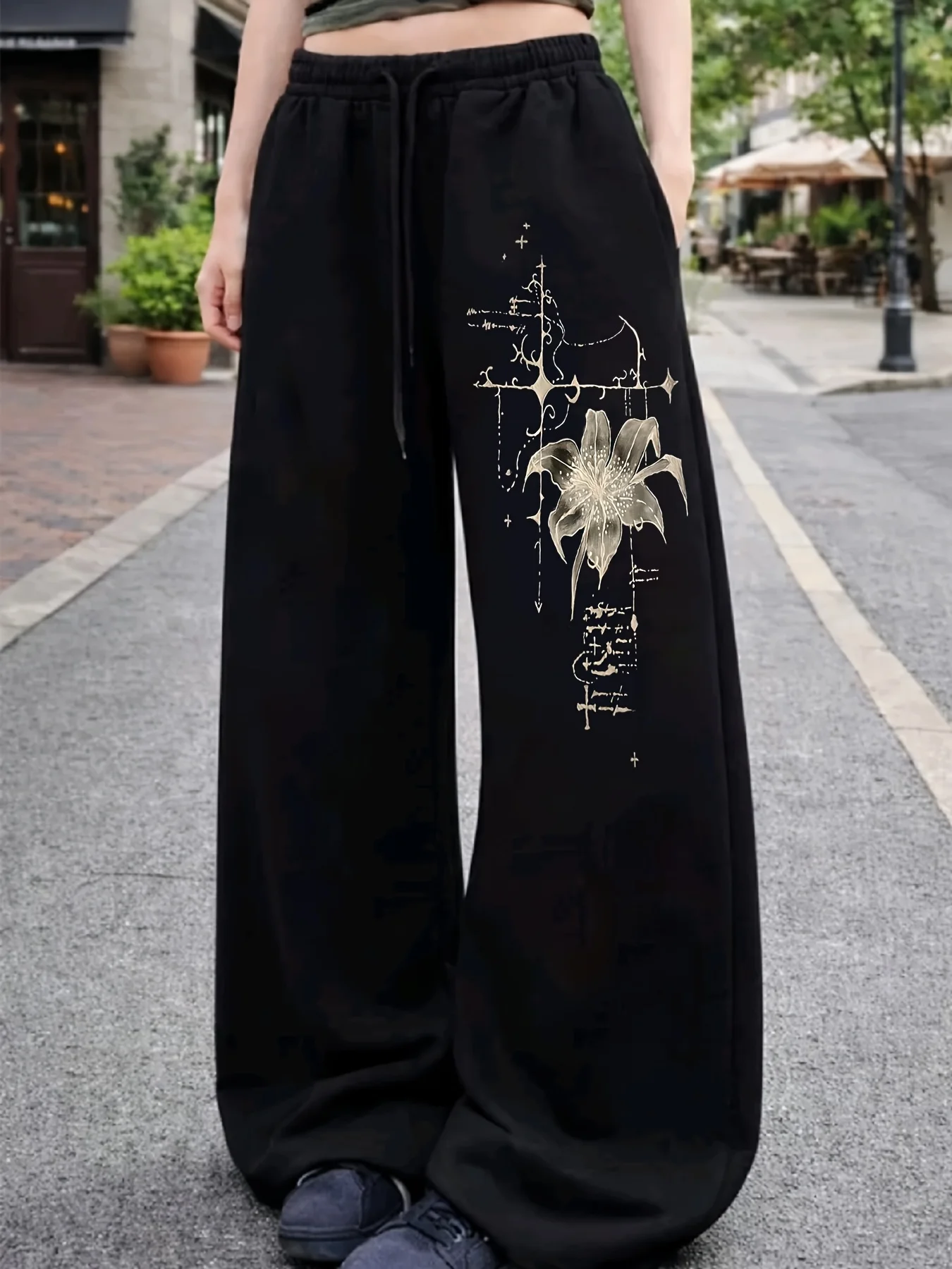Y2k Fashion Pants Flower Cross Printed Pants Men and Women's Casual Sports Straight Pants
