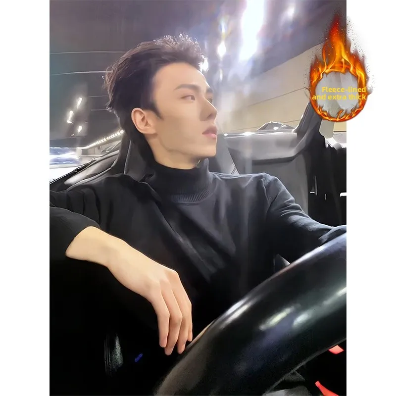 

Мужской зимний свитер с высоким воротником, облегающий, повседневный, с длинным рукавом, с термоэффектом, на флисовой подкладке, цветной