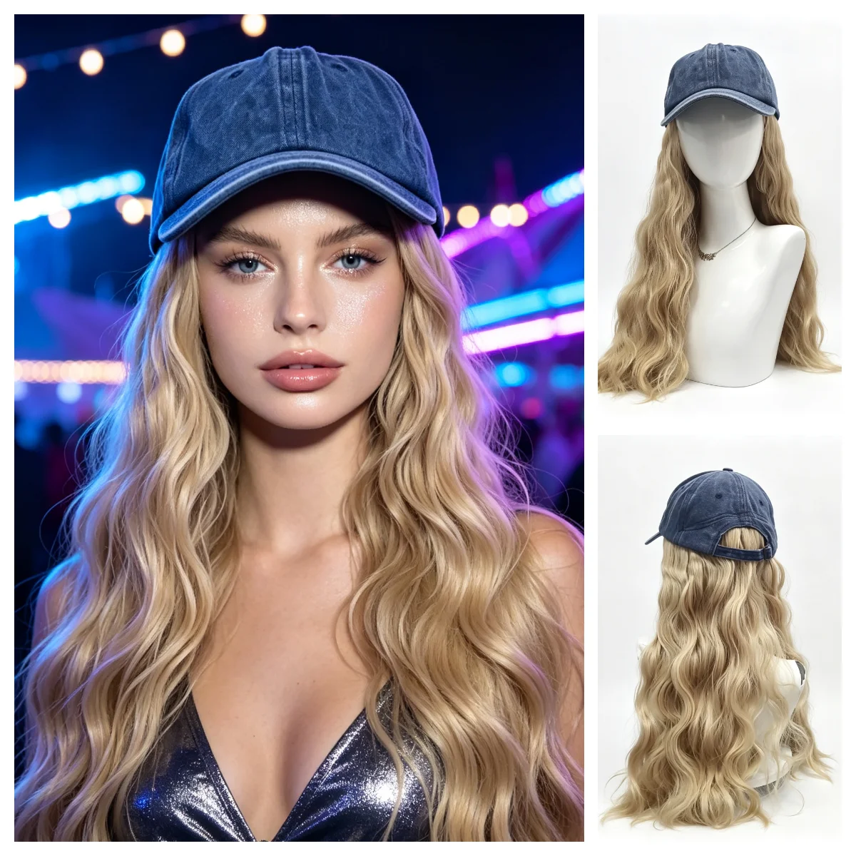 Anxin Brand Synthetic Fiber Wig: Denim Baseball Cap + Long Golden Curly Hair with Big Waves, Women's Daily Fashion Casual Style, European and American Style, Carnival, Halloween, Music Festival Hat Synthetic Wig view 5