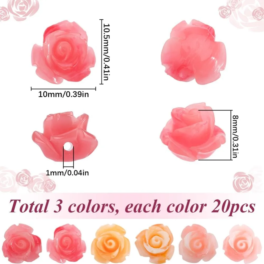 60Pcs 3 Colors Artificial Coral Flower Beads Valentine Rose Bead Colorful Floral Carved Synthetic Coral Shell Spacer making kit