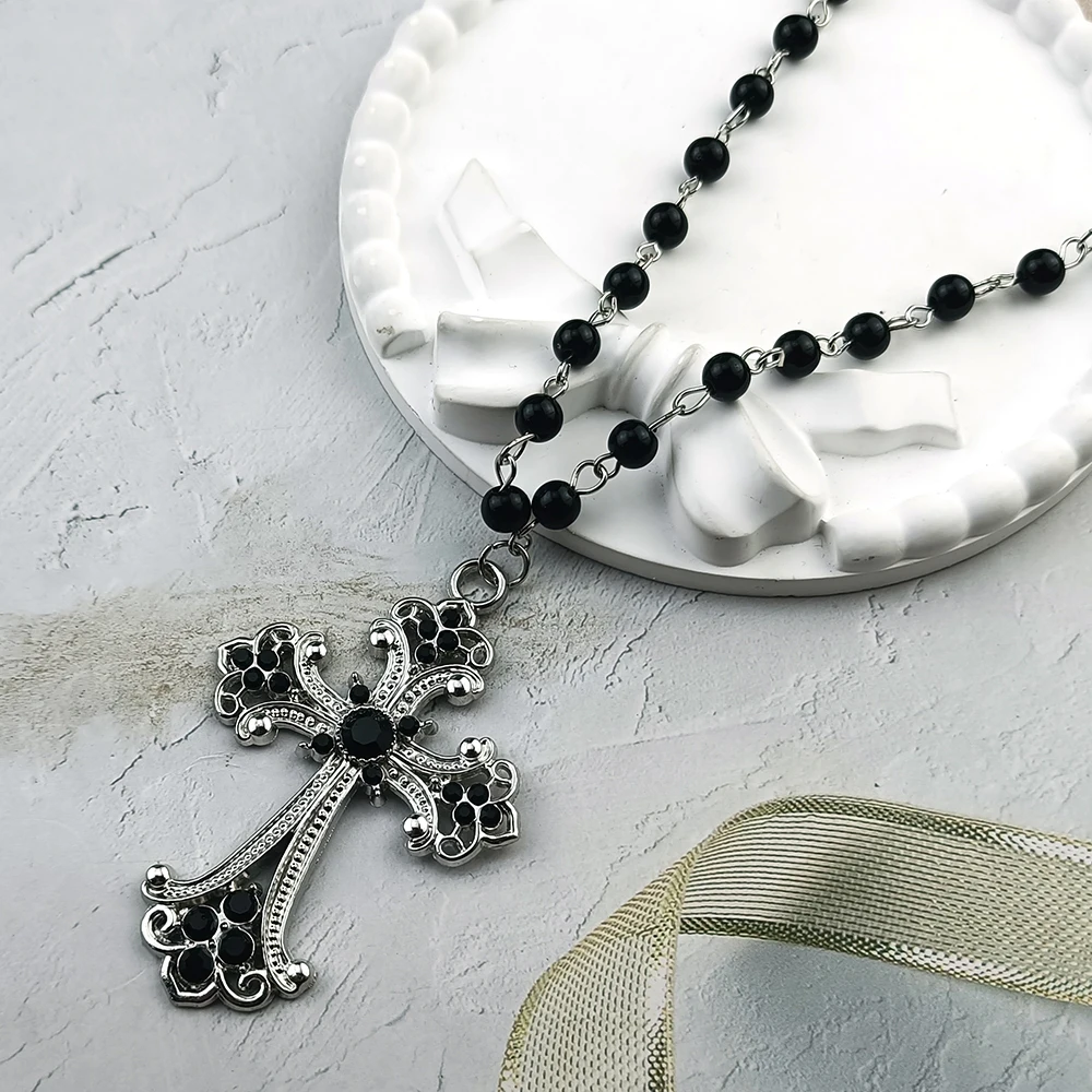 Goth Black Bead Rosary Necklaces Vintage Cross Bat Heart Pendant Dark Punk Y2K Grunge Aesthetic Silver Chain Jewelry For Girls