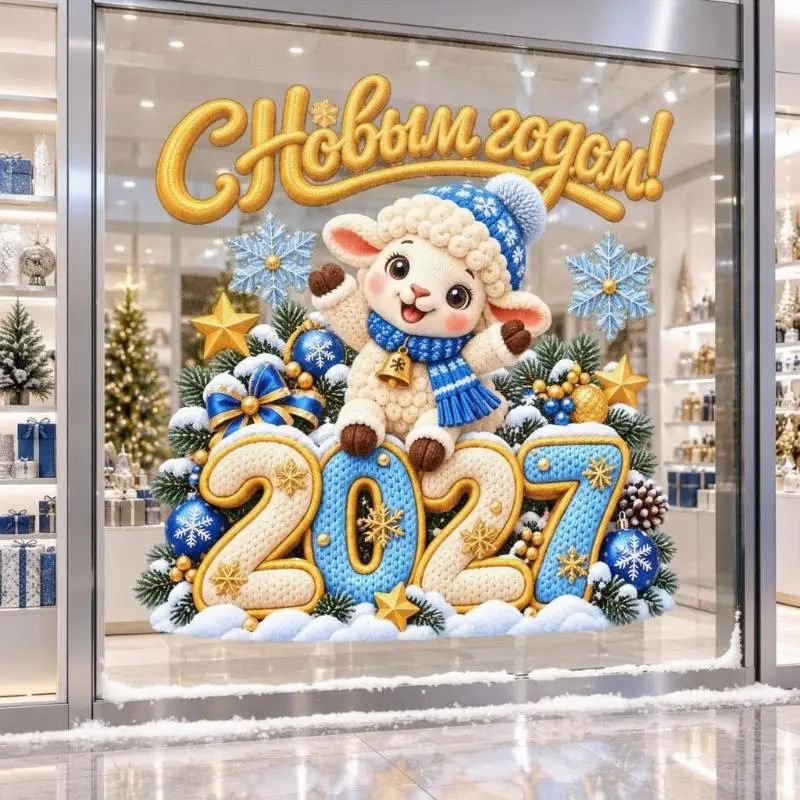2027 Imitation Knit Sheep Window Sticker Happy New Year Cute Lamb Christmas Window Decor Home Shop Glass Xmas Ornament