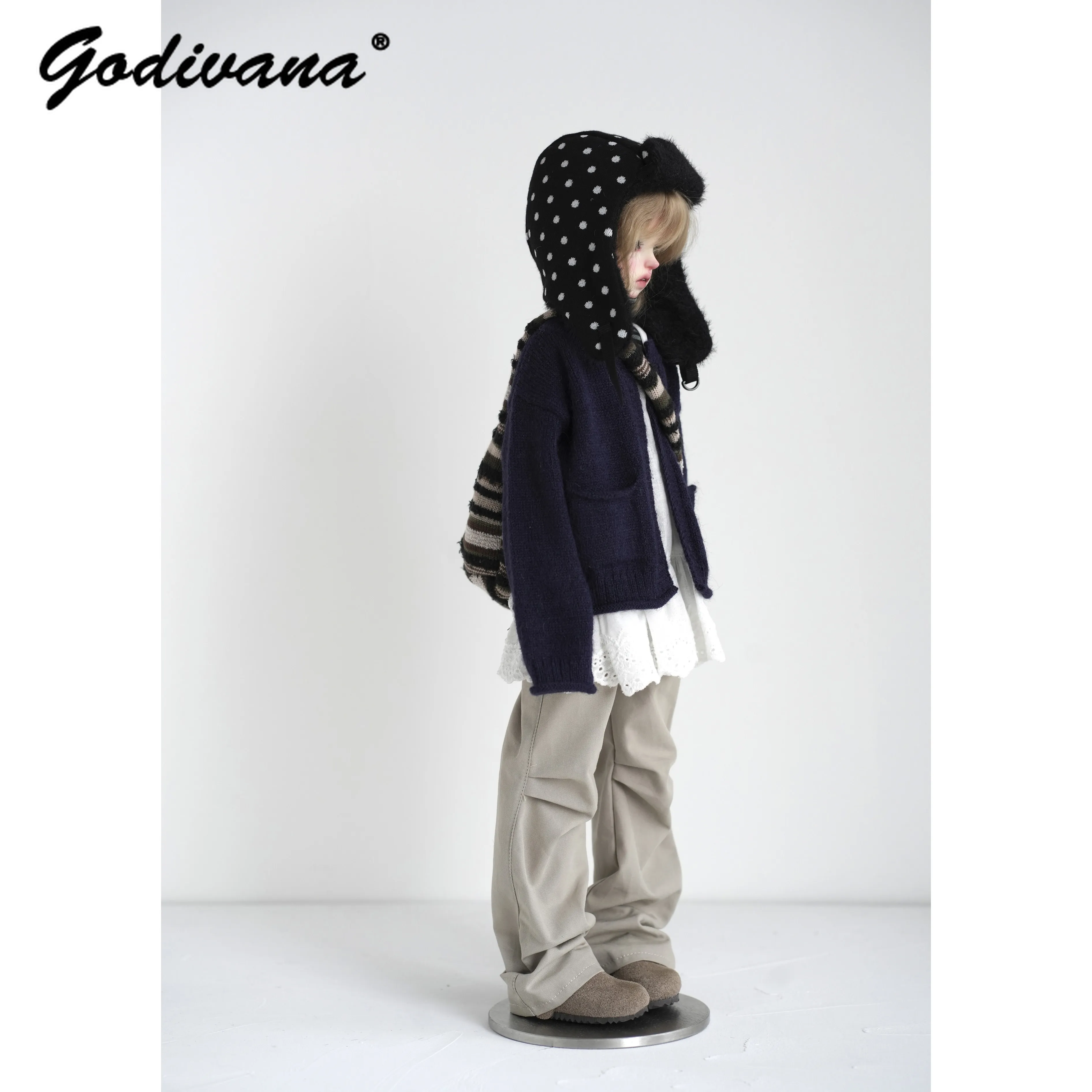 1/4 1/6 BJD Doll Clothes Sweet Knit Cardigan Lace Hem Dress Turtleneck Top Wide‑leg Pants Polka Dot Hat Winter Doll Accessory