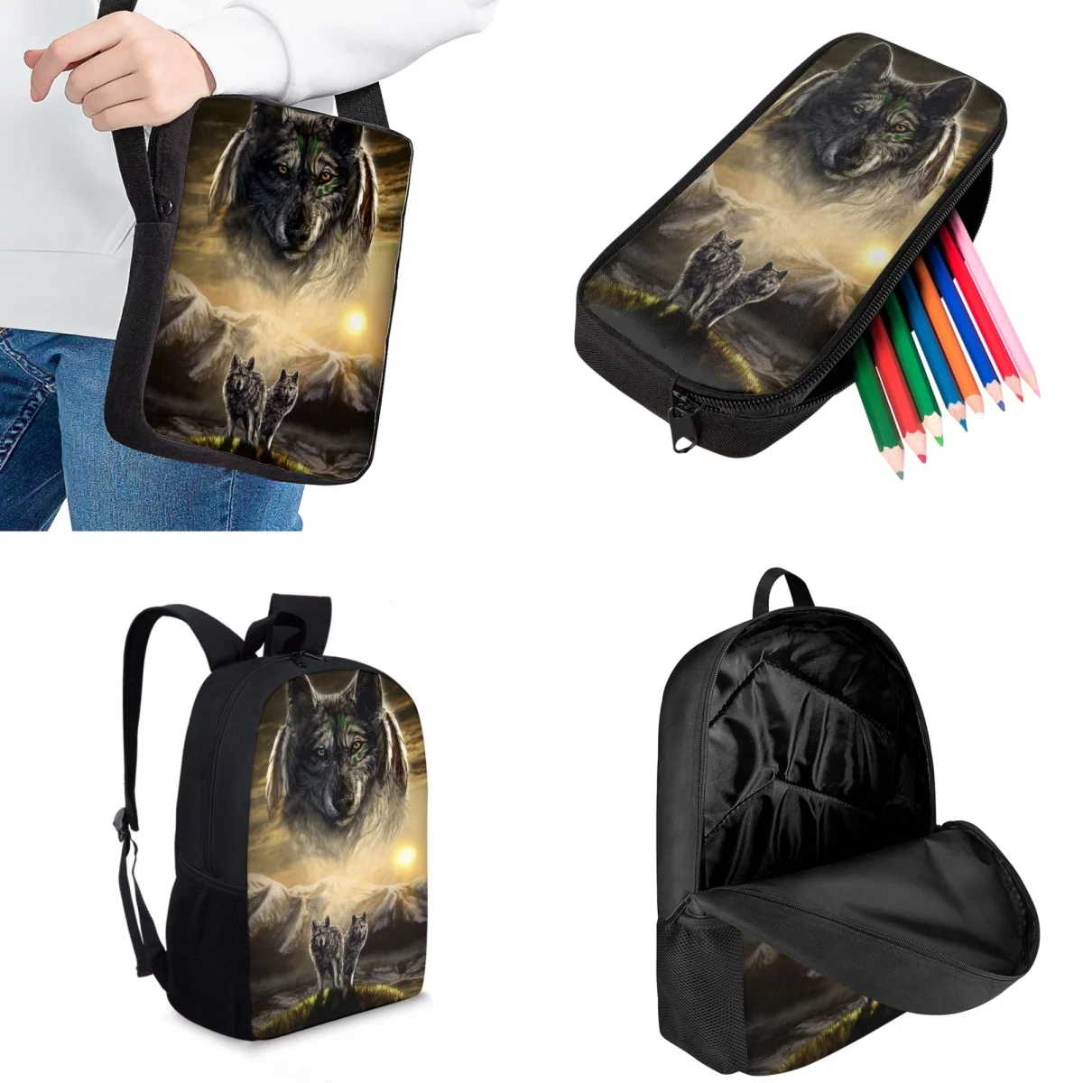 Jackherelook Teenagers Kids School Bags Sets Prestige Wolf King Pattern Trendy Cool Sports Backpacks for Boys Girls Travel Bags