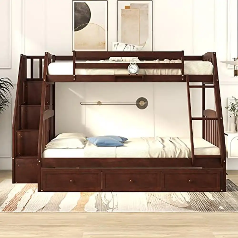 

Twin Over Full Bunk Bed with Storage Drawers Stairs Ladder Pine Wood MDF Plywood Medium Density Fibreboard Kids Teens Adults