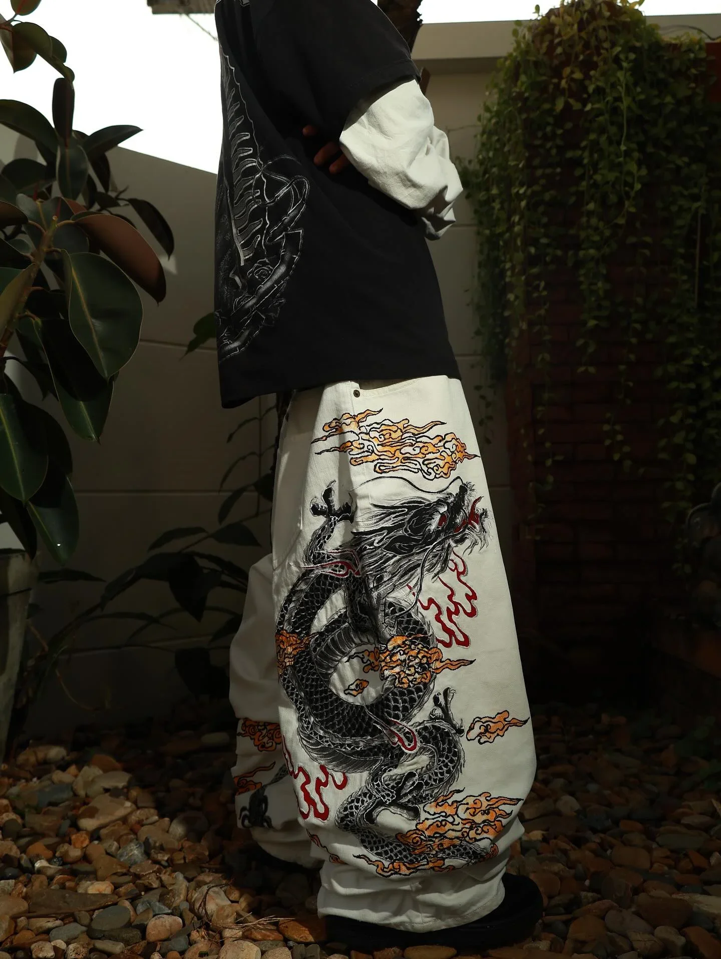 جديد الأبيض الجينز Y2K التنين نمط رجل الأمريكية شارع العليا الرجعية الكورية مستقيم السراويل Harajuku الهيب هوب زوجين السراويل واسعة #2