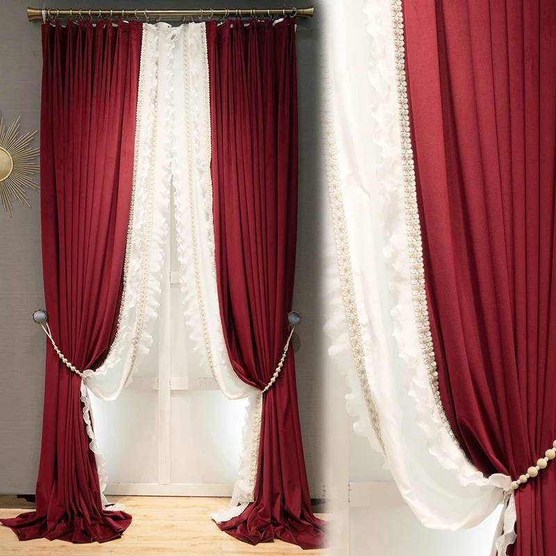 

Custom curtain luxury American velvet fabric thickened stitching living room red cloth blackout curtain tulle drape C1110