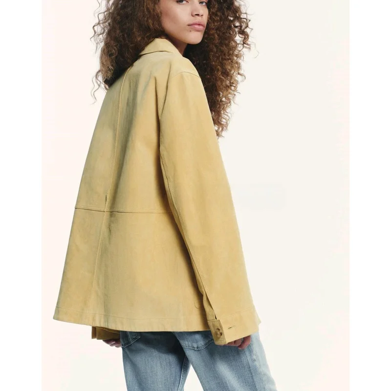 Autumn New Women's Casual Long Sve Pure Color PU Faux Nubu Leather Jaet Flip Collar Outerwear Commute Sle Loose Fit