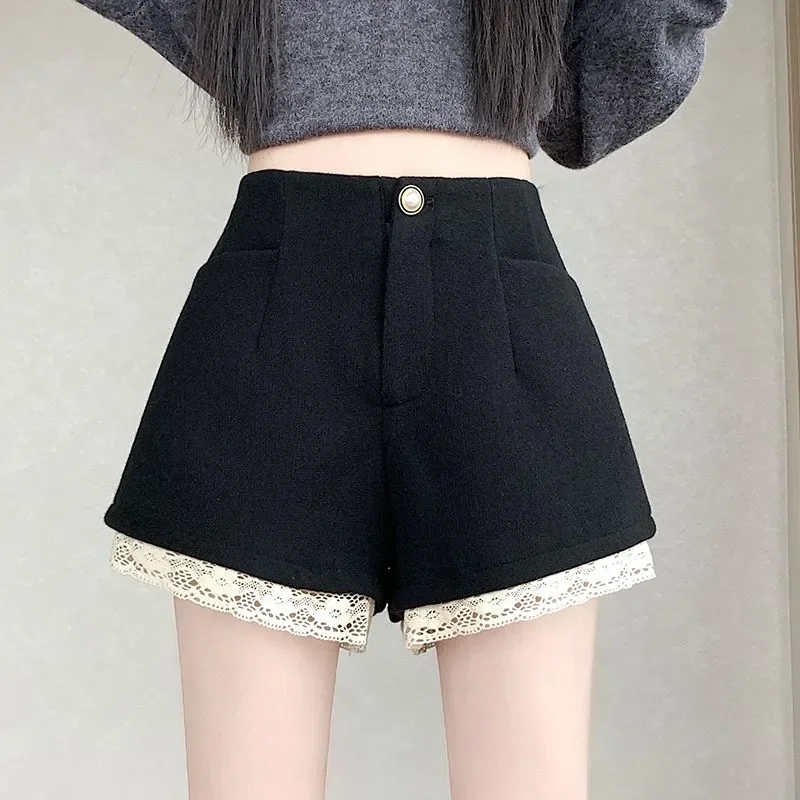 

Women's Black High Waist Shorts With Lace Trim Single Button Casual Daily Shorts