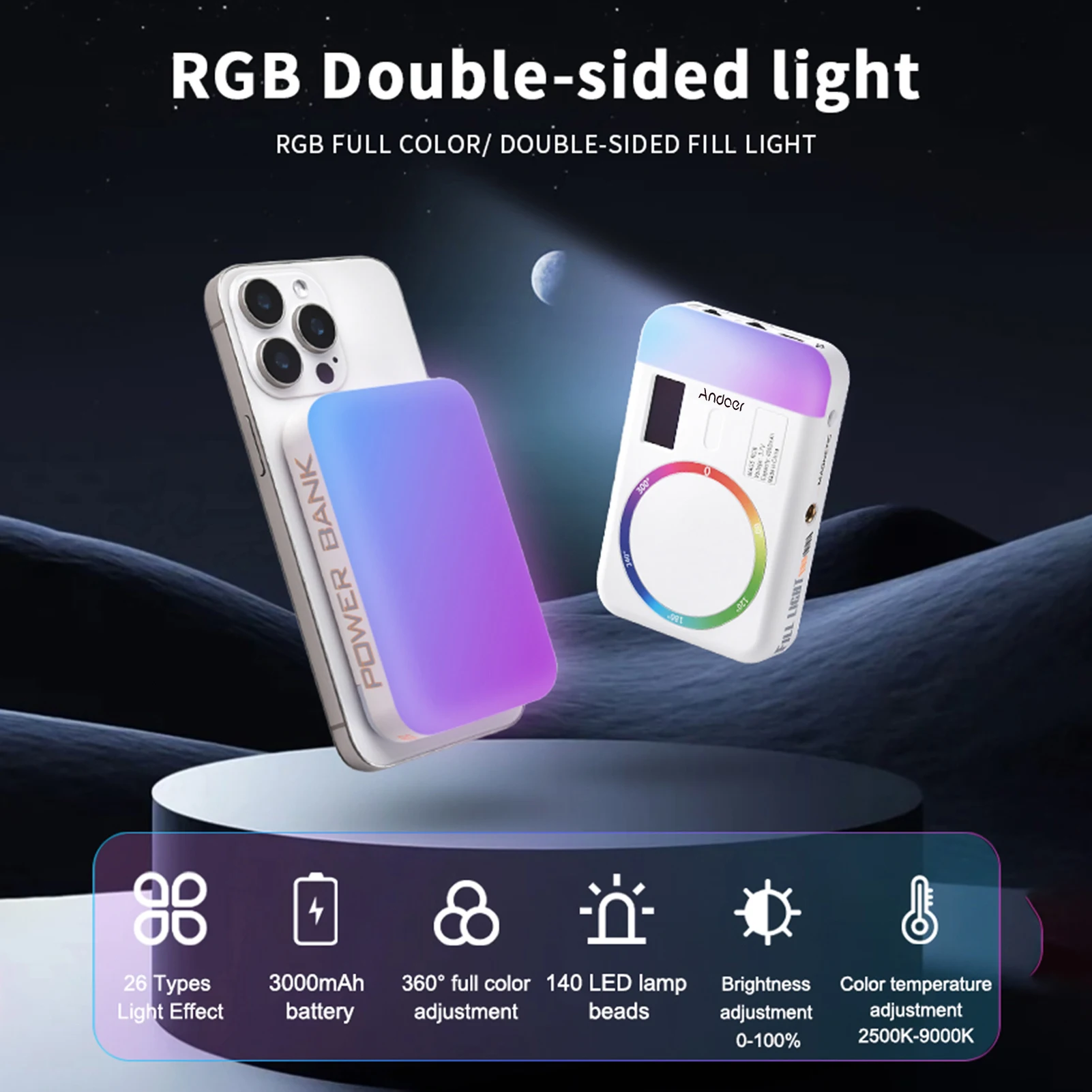 

Andoer CC5 RGB видеосвет двусторонний светильник для фотосъемки 2500K-9000K с регулируемой яркостью камера заполняющий свет для телефона 26 сценических эффектов