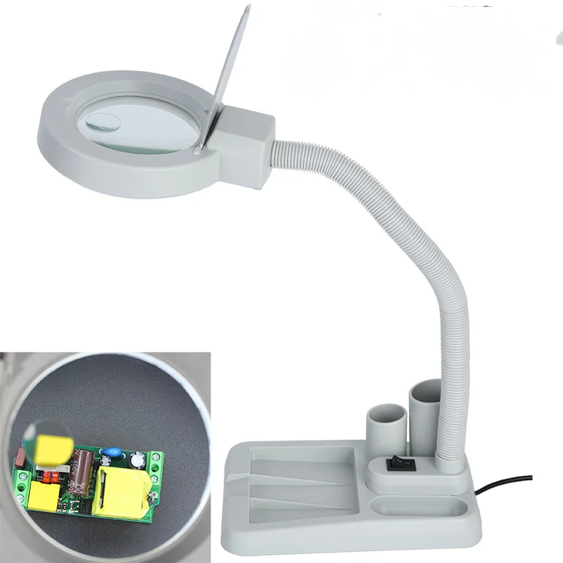 

White Led Small Table Lamp with Light, Magnifying Glass Repair, Double Magnification