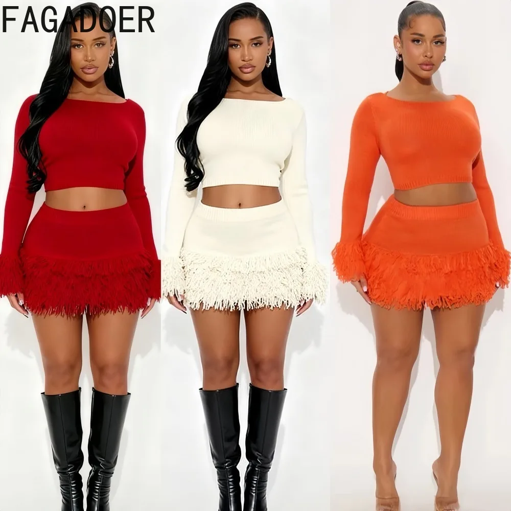 

FAGADOER Winter Fashion Tassel Patchwork Woman 2 Piece Set Outfit Solid Color Long Sleeves Crop Top + Skirt Female Streetwear