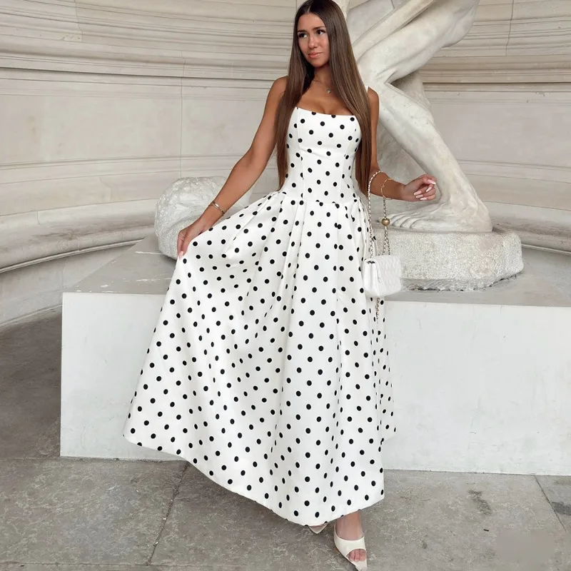 Talenza White Polka Dot Dress Women's Fashion Contrast Backless Elegant Dress Summer New High Waist Women's Party Evening Dress