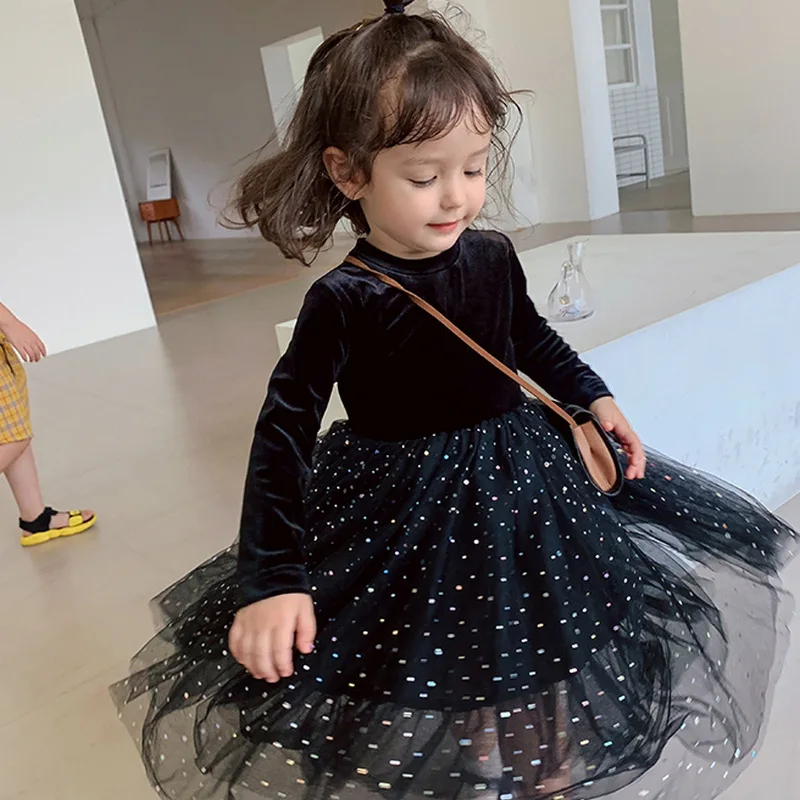 Girls' Velvet Dress with Fleece Lining Starry Sky Princess Dress25Autumn Winter New Foreign Trade Children's Clothing Dropshippi