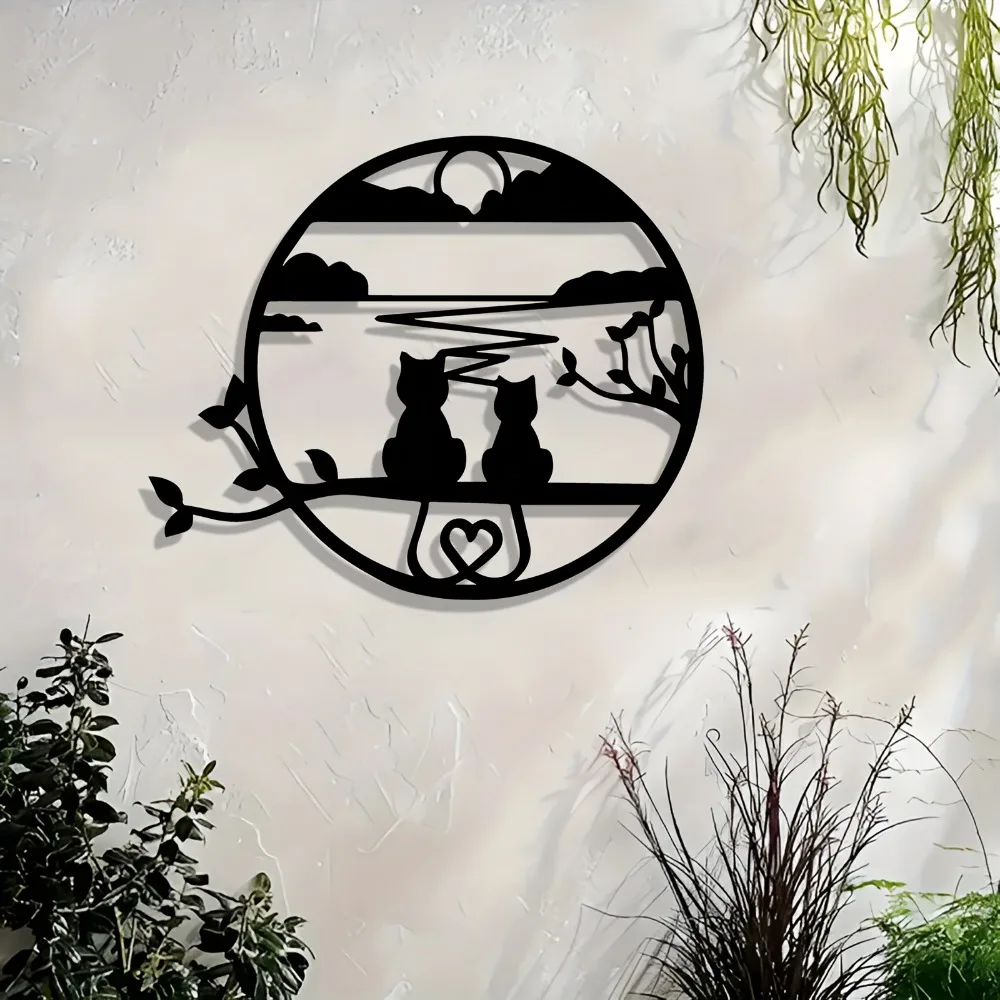 1pc Sunset Cat Metal Wall Art, Two Cats Iron Silhouette with Heart Sun, Modern Home Decor for Living Room Bedroom Garden Indoor