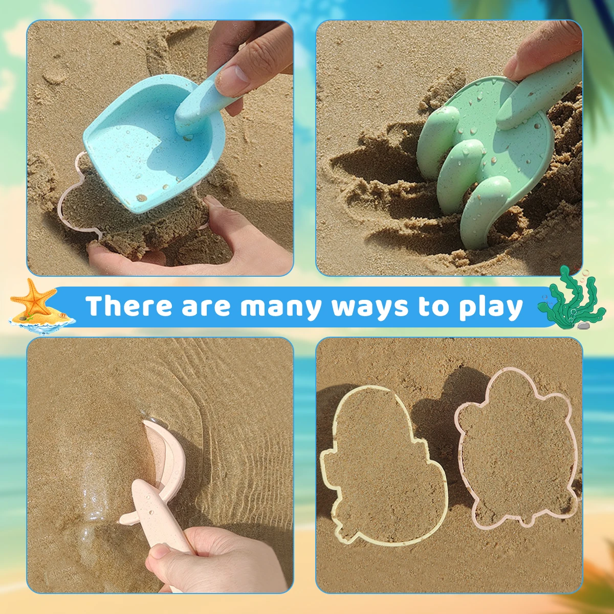 Conjunto de brinquedos de praia para crianças, brinquedos sandbox, balde dobrável, pá e ancinho, moldes de areia para crianças, verão ao ar livre