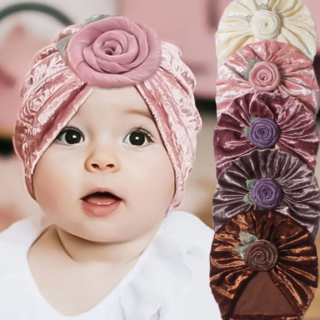 

Cute Baby Floral Hat Beanies Velvet Turban Hats Autumn Infant Toddler Newborn Baby Bonnet Headwraps Baby Girl Accessories