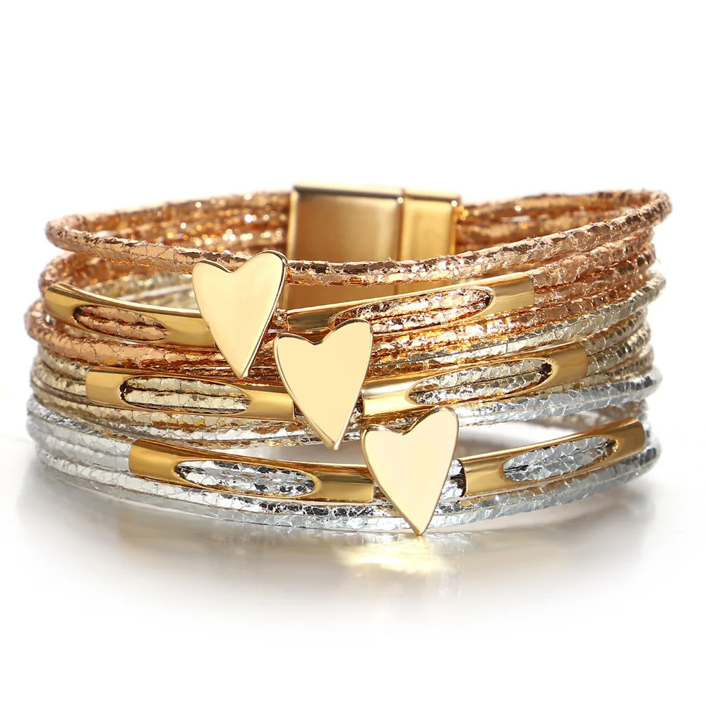 ALLYES Trendy Love Heart Wrap Leather Bracelets for Women Multilayer Glitter Filled Slim Strips Bangle & Bracelet Party Jewelry