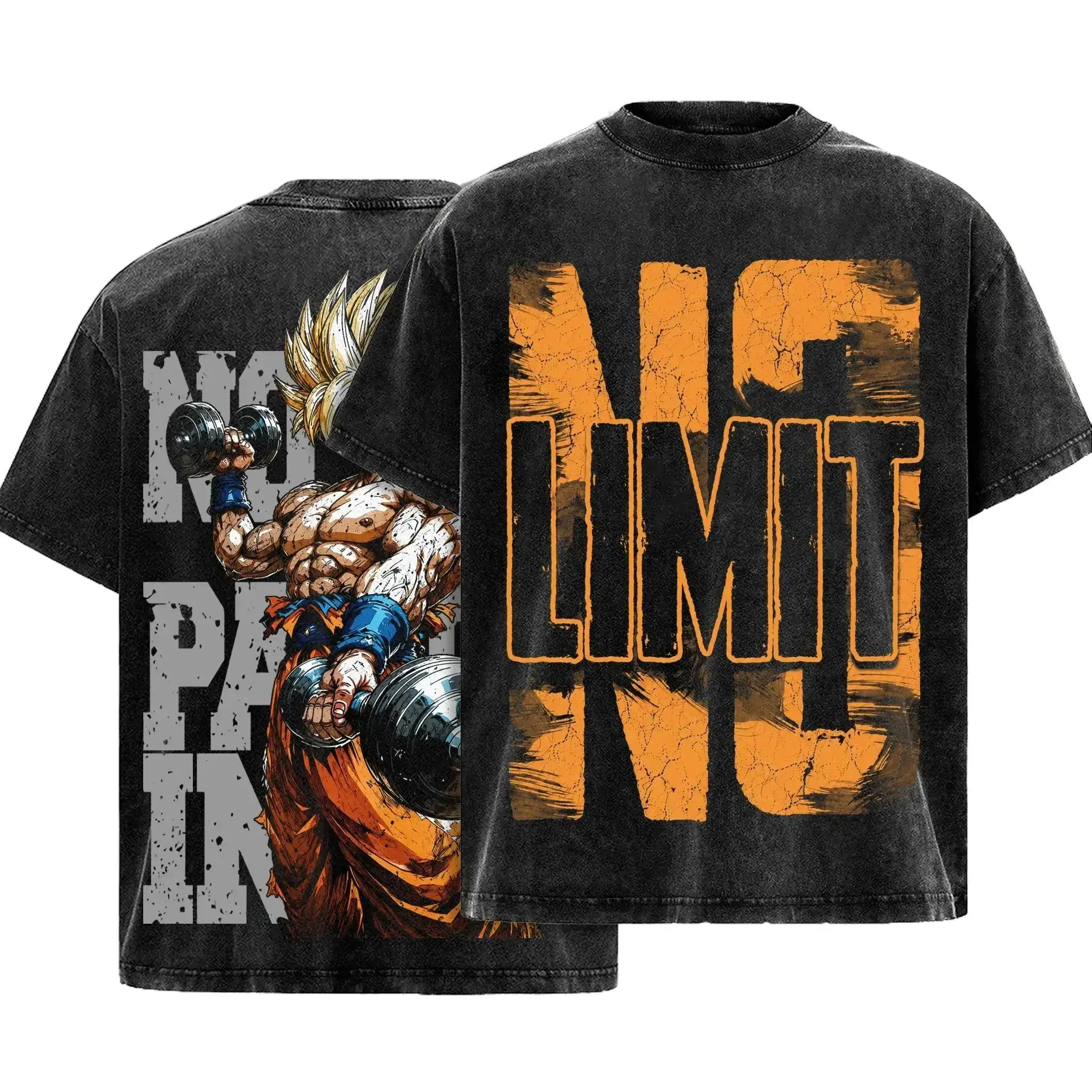 Camiseta Gráfica Goku Lavada Estilo Vintage, Algodón Grueso, Corte Holgado, para Entrenamiento de Gimnasio, Super Saiyan, Culturismo, Ropa Deportiva, Estilo Urbano Anime, para Hombres y Mujeres, Lavado Ácido Retro, Ropa de Fitness DBZ, Regalo para Otakus, Top Y2K No Limit, Merchandising de Cosplay de Manga Japonesa, Ropa Deportiva Activa.