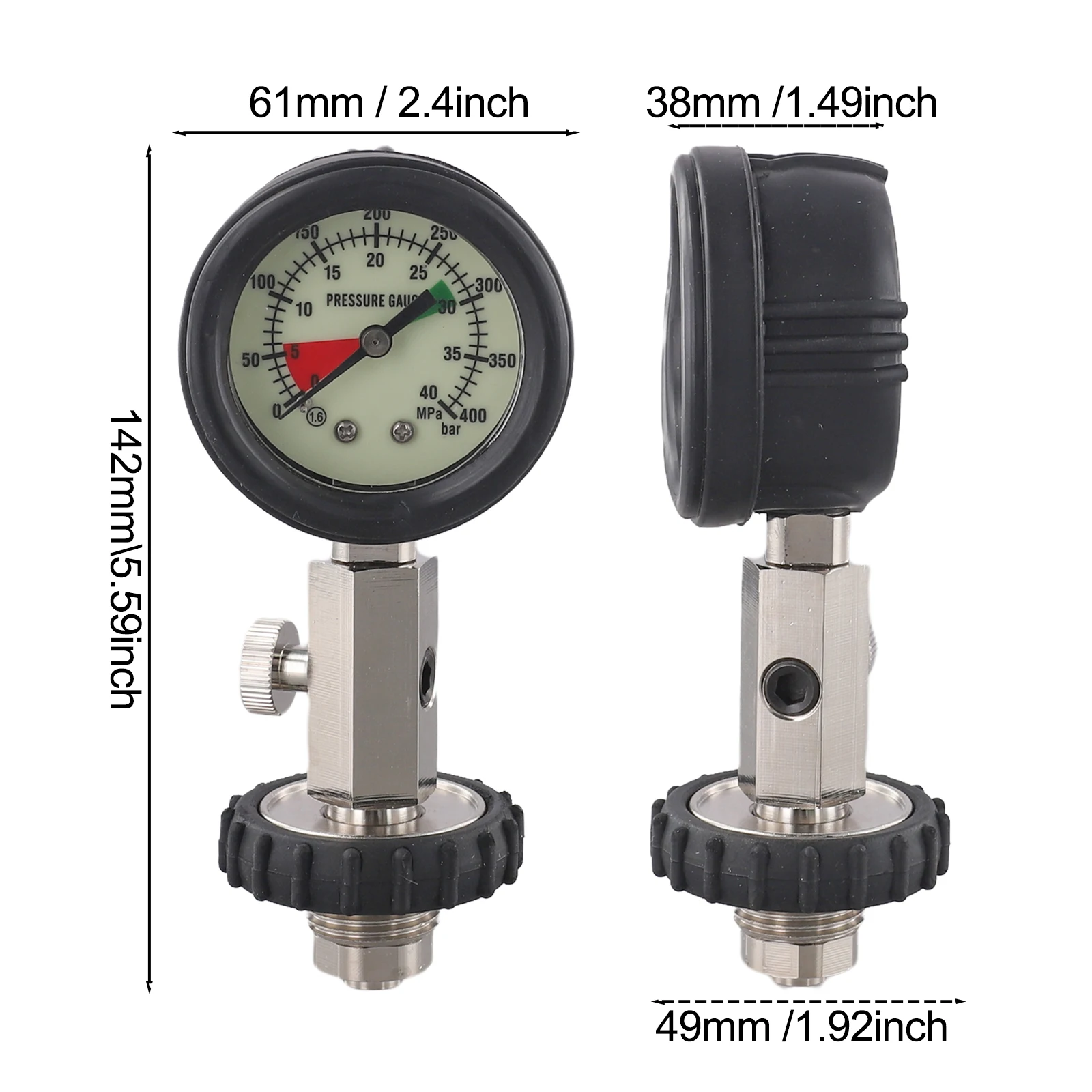 Scuba Diving Cylinder Gauge with Clear Dial G5/8 Thread Stainless Steel and Brass 0 300BAR/0 30Mpa Measurement