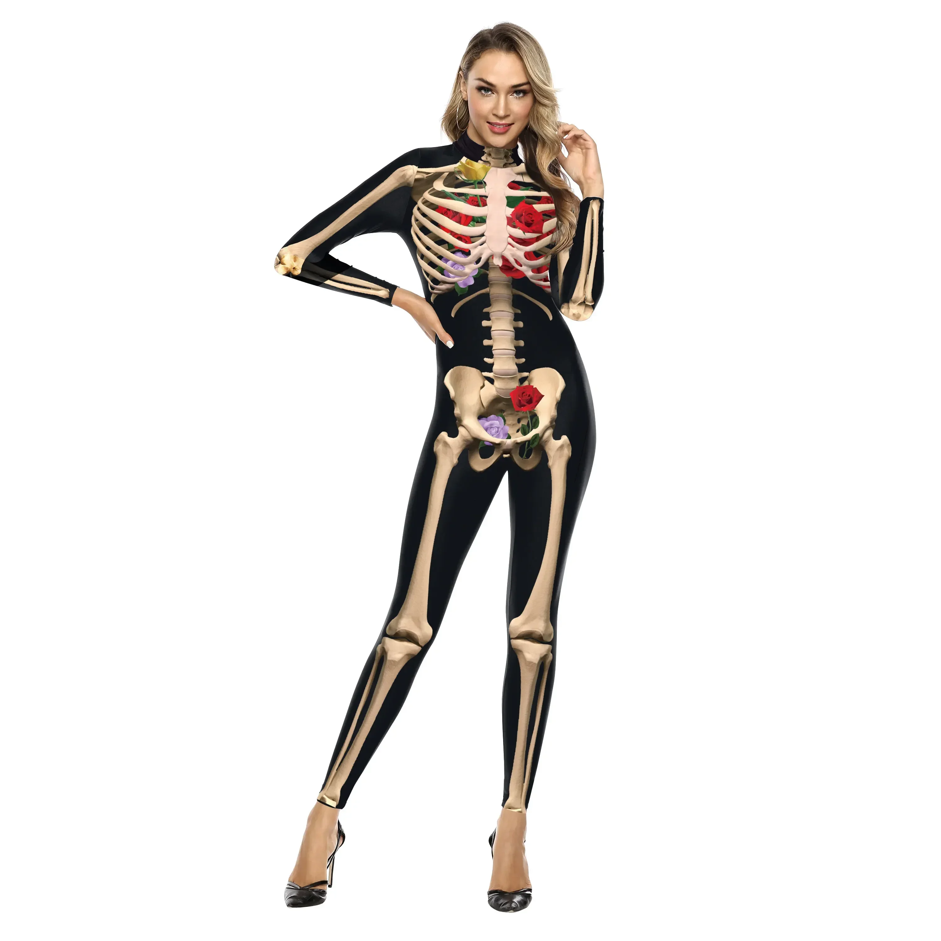 Macacão de manga comprida feminino de Halloween, esqueleto estampado, festa, bodysuit engraçado, performance de palco, trajes cosplay, novo, 2024