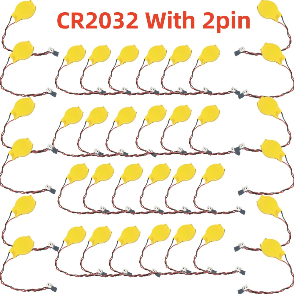 5-200PCS CR2032 Battery Wires 2Pin Notebook BIOS CMOS Battery-Laptop Battery Motherboard Battery 3V With Adhesiv 230MAH