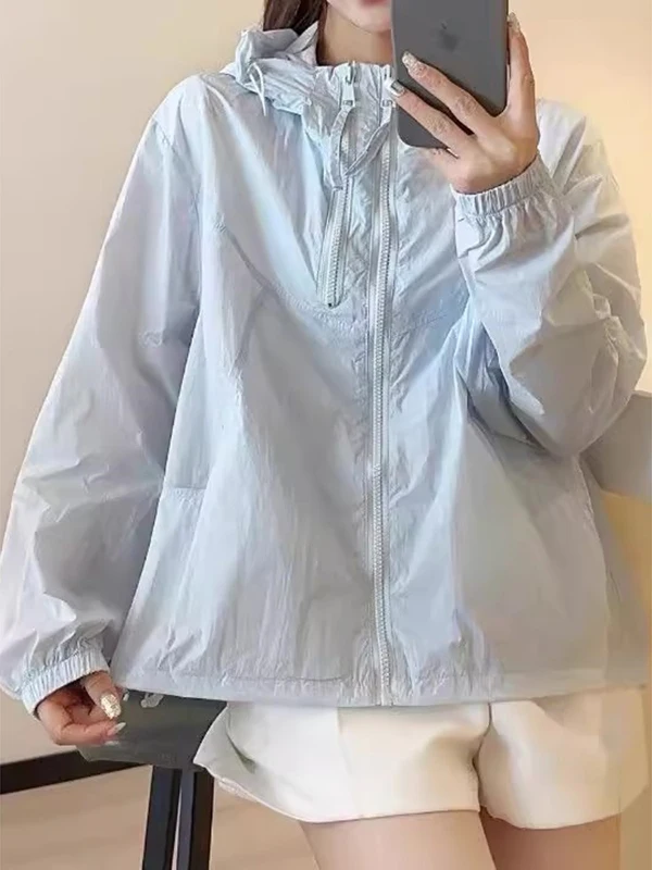 

Ladies Lightweight Breathable Summer Sun Protection ort Coat Hooded Casual Loose Fit Zipper Workwear Sle Faion Outerwear