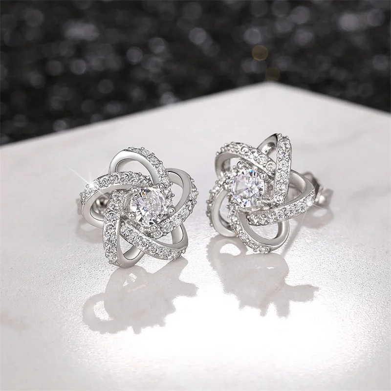 Huitan Flower Shape Stud Earrings Silver Color Trendy Luxury Women Ear Piercing Earrings Fancy Daily Wear Accessory Chic Jewelry
