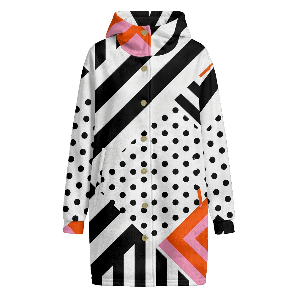 

Тренч с капюшоном большого размера с геометрическим рисунком, черно-белые полоски, капюшон в горошек, подкладка на переднюю пуговицу, унисекс, городская повседневная одежда, пальто