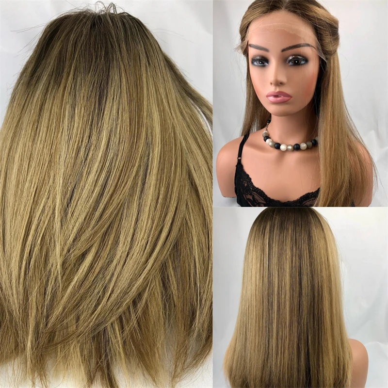 Peluca de mujer de alta densidad, peluca sintética frontal de encaje Rubio Dorado ombré con raíces oscuras, línea de cabello prearrancada para uso diario en fiestas