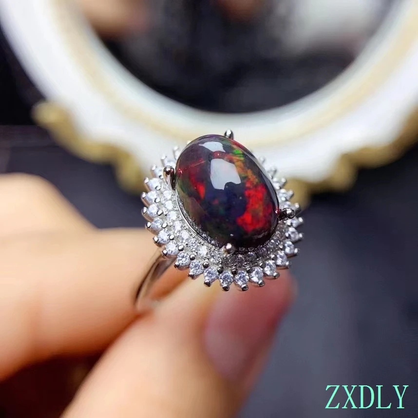 Luxury Natural Black Opal Ring Real 925 Silver Fine Jewelry Big Size Natural Gemstone Good Colorful Fire Secret Birthstone