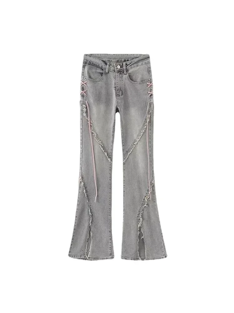 2023 Summer Kawaii Sweet Flare Pants Female Slim French Vintage High Waist Jeans Design Casual Korea Fashion Denim Trouser Woman