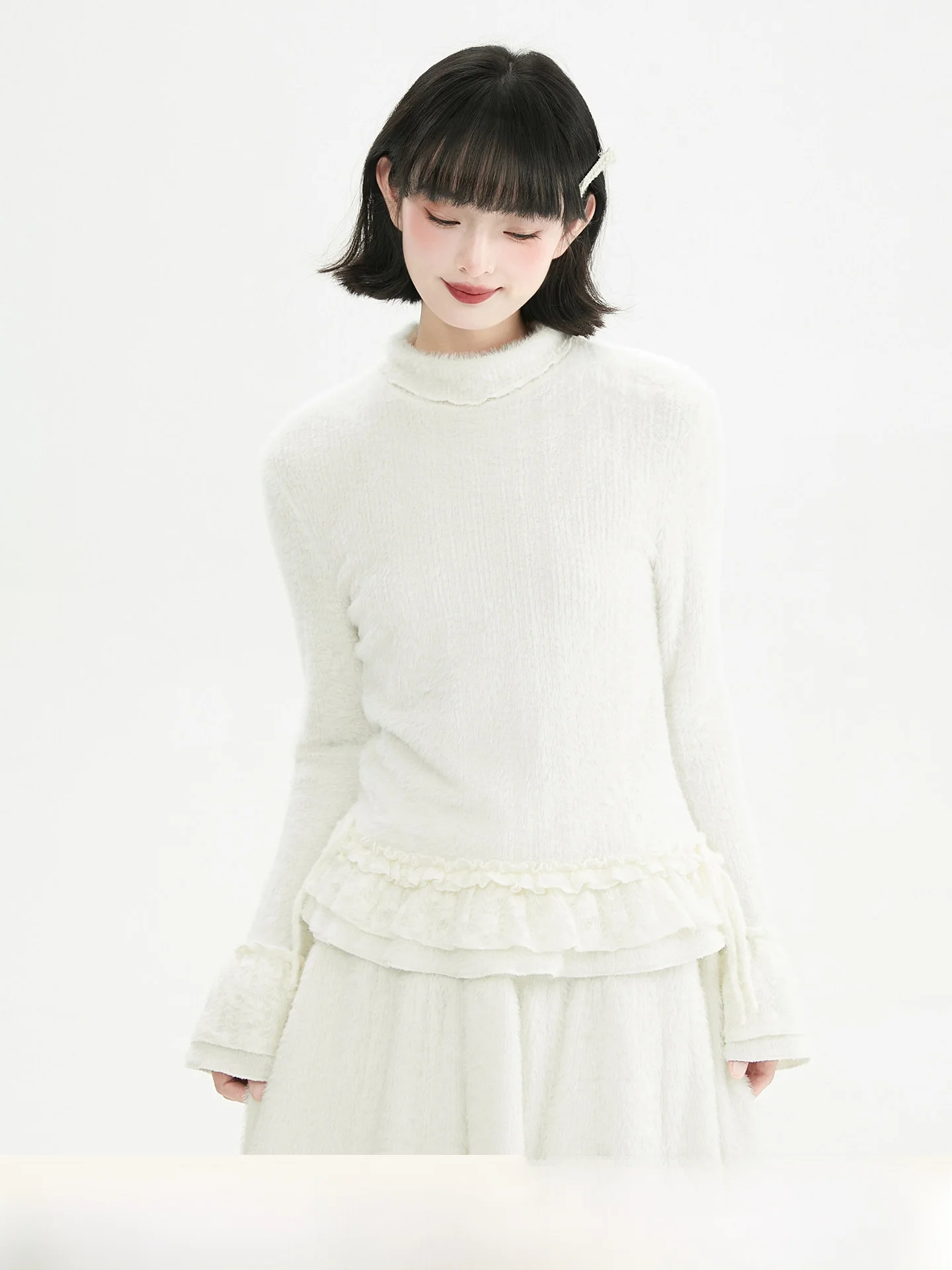 

Cloud Soft Ruffle High Collar Knitted Sweater Women's Base Layer Fluffy Top Gentle Sle Loose Fit Long Sve Winter