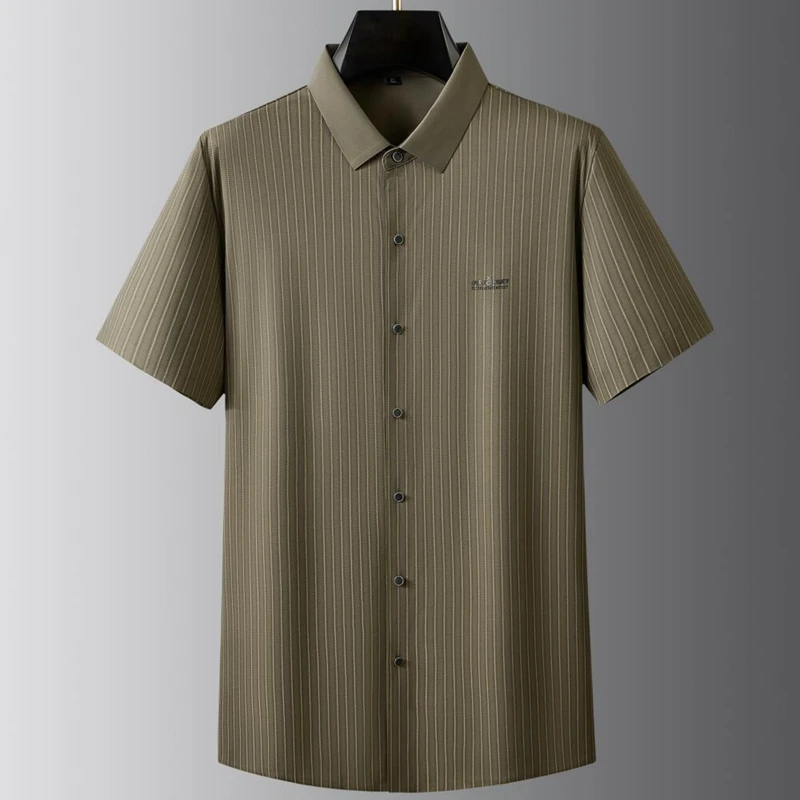 8XL 7XL 6XL 2024 New Summer Striped Chemise Homme High End Ice Silk Breathable Shirt Men Brand Clothing Business Mens Shirts