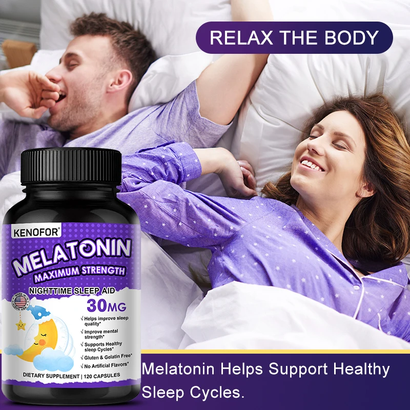 Melatonina 30 mg 120 cápsulas, ciclo de sueño saludable, suplemento para dormir específico para adultos, vegetariano, sin OGM, suplemento sin gluten