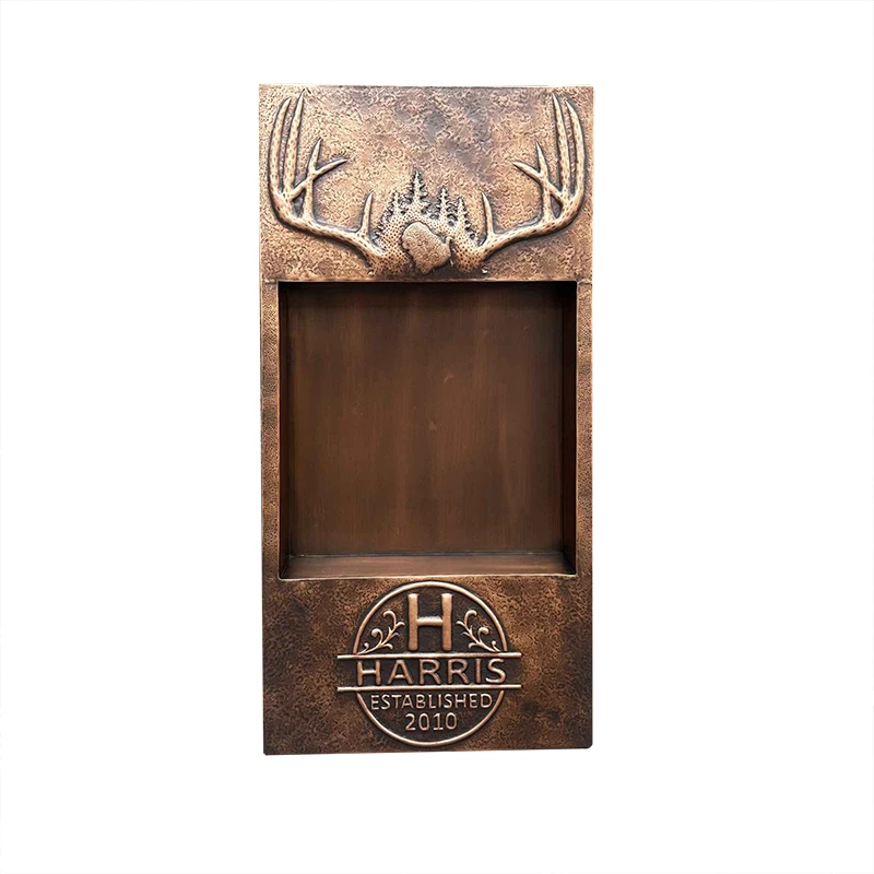 Custom hand-hammered coffee-embossed copper wall niches, family crowns, antlers, designs, rustic cabins, luxury bathrooms