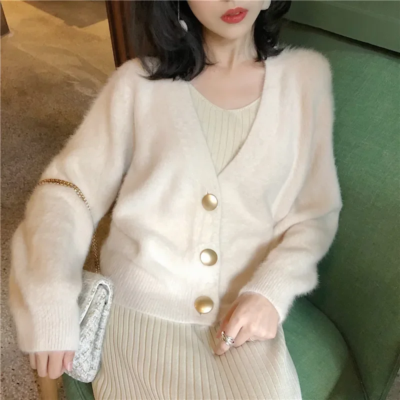 Elegant Long Sleeve Mohair Sweater Women 2023 New Single-Breasted Female Short Cardigan Soft Cashmere Flexible Knitted Outwear