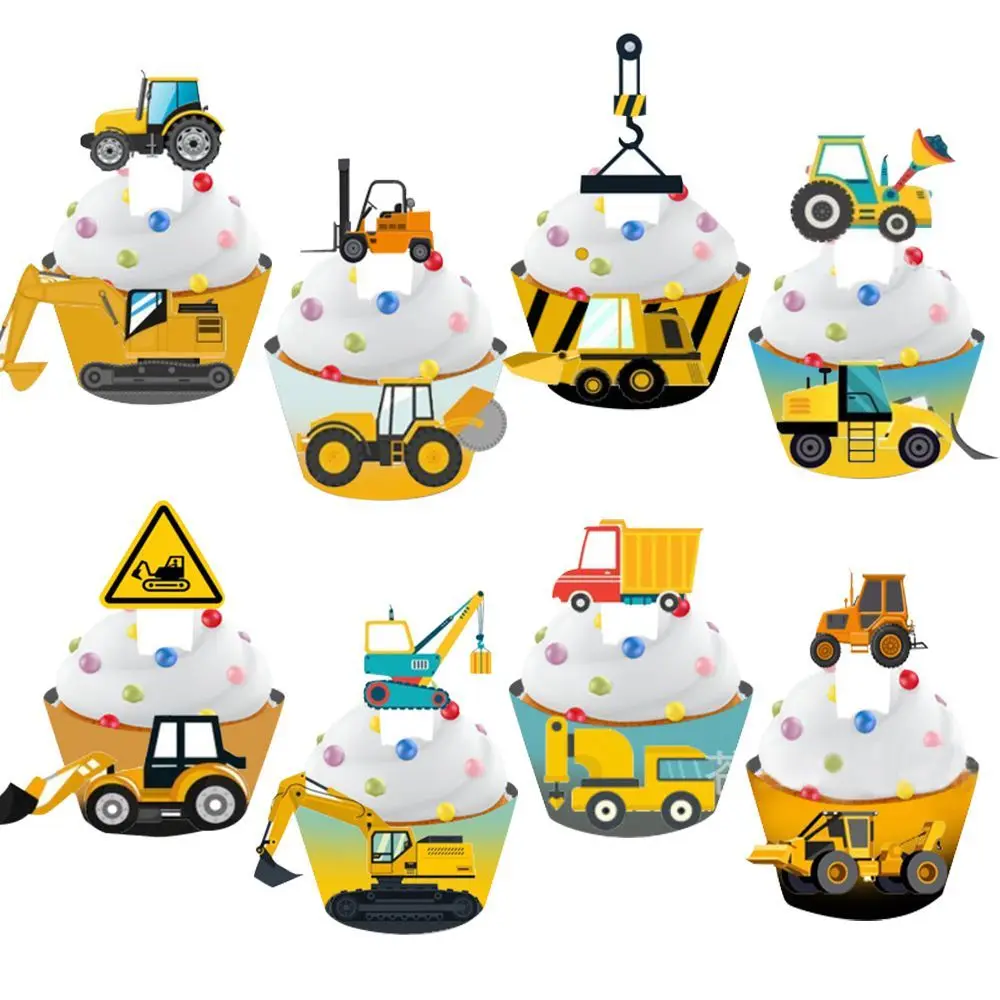 1set Carton Construction Vehicle Cupcake Wrappers Cake Toppers for Boy's Construction Birthday Party Decorations DIY Cake Supply