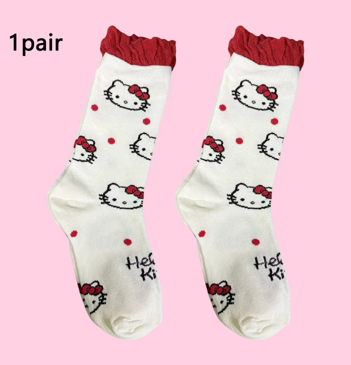 مجموعة مكونة من 1/5 زوج من الجوارب ذات طابع هالو كيتي، طراز جميل وبناتي، منقوشة ريترو + نقطة بولكا + نمط لطيف، جوارب منتصف الساق، يجب أن يكون