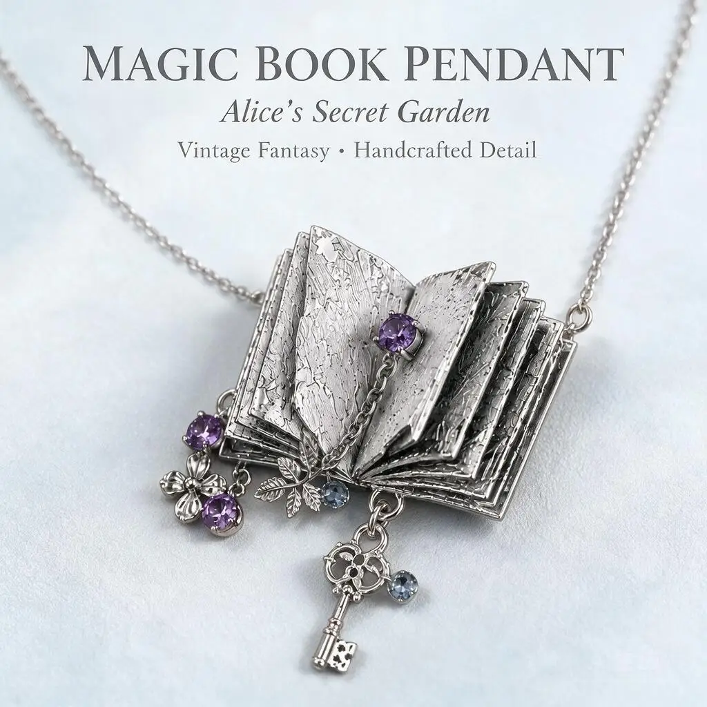 Vintage Alice In Wonderland Magic Book Pendant Necklace Rhinestone Inlaid Key Purple Flower Leaf Medieval Clavicle Chain Gifts