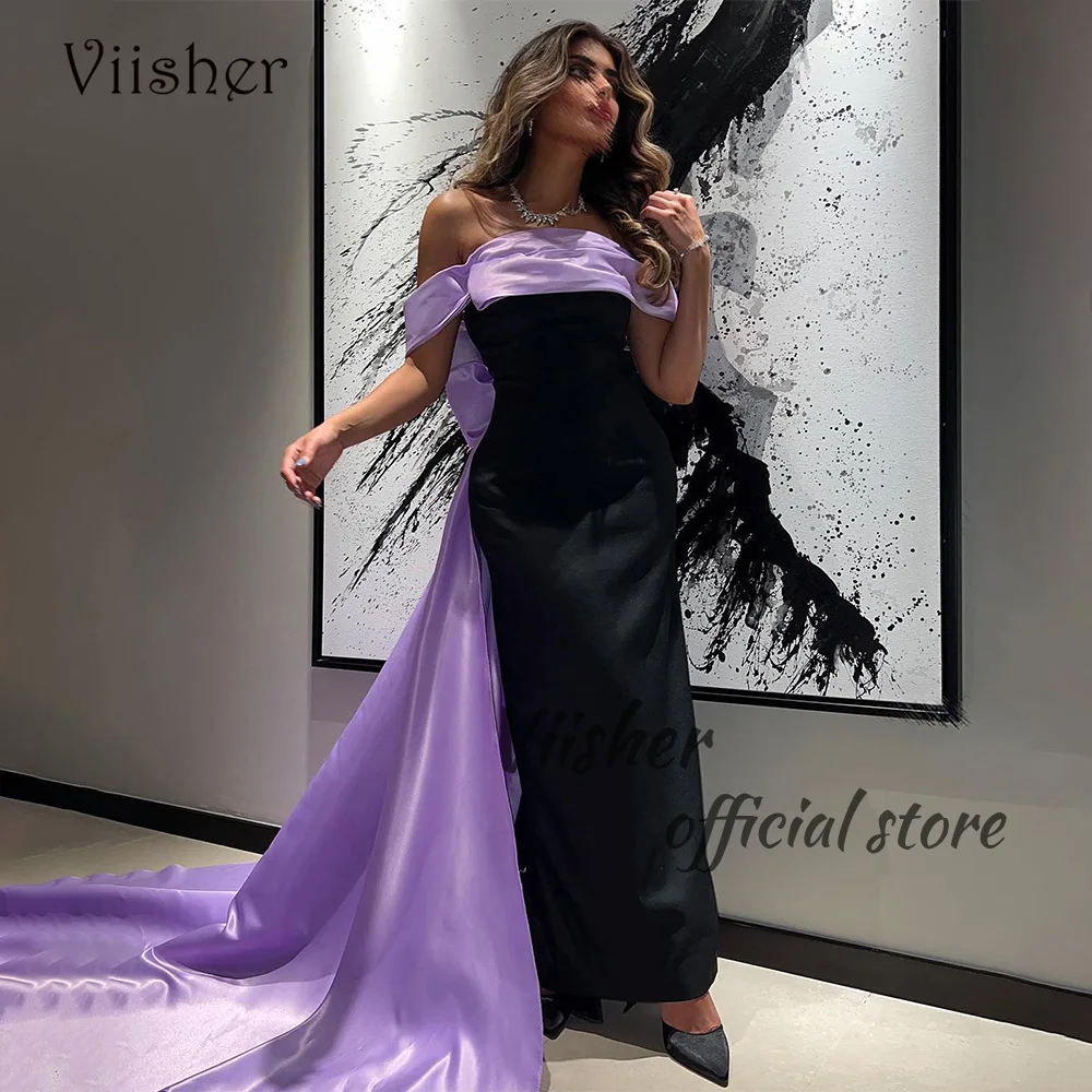 

Viisher Black Lavender Satin Mermaid Evening Dresses Off Shoulder Tight Long Formal Prom Dress with Train Dubai Arabai Gowns