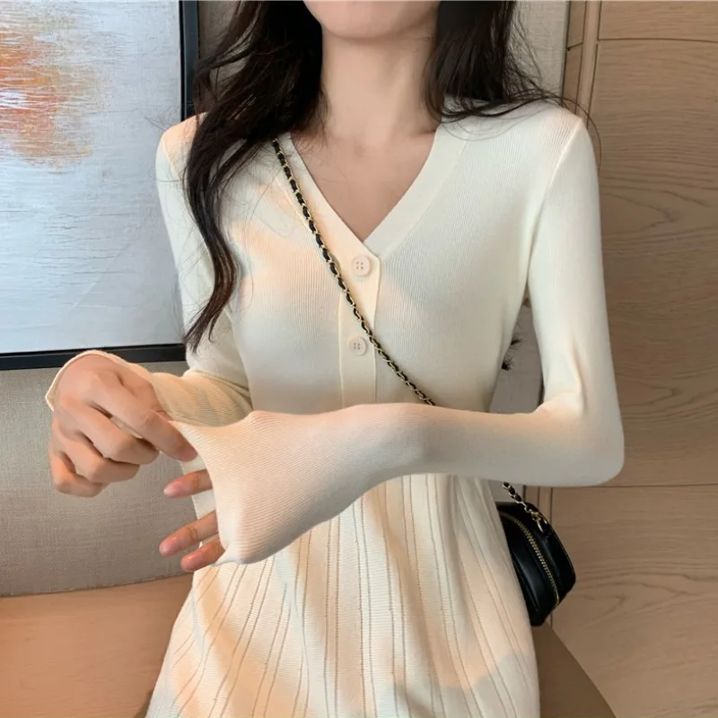 Autumn Winter New V-Neck Knitted Dress For Women Interior Layering Slim Fit Sweater Dresses French Style Female A-line Dress