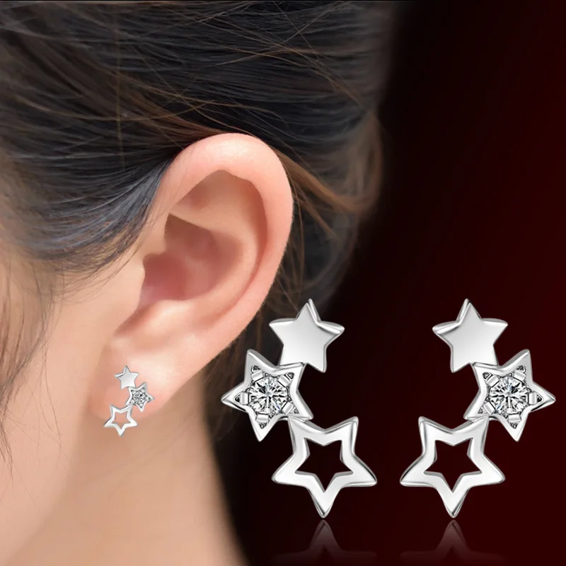 Woman's 925 Sterling Silver Fashion Jewelry New Crystal Zircon Star Stud Earrings XY0215