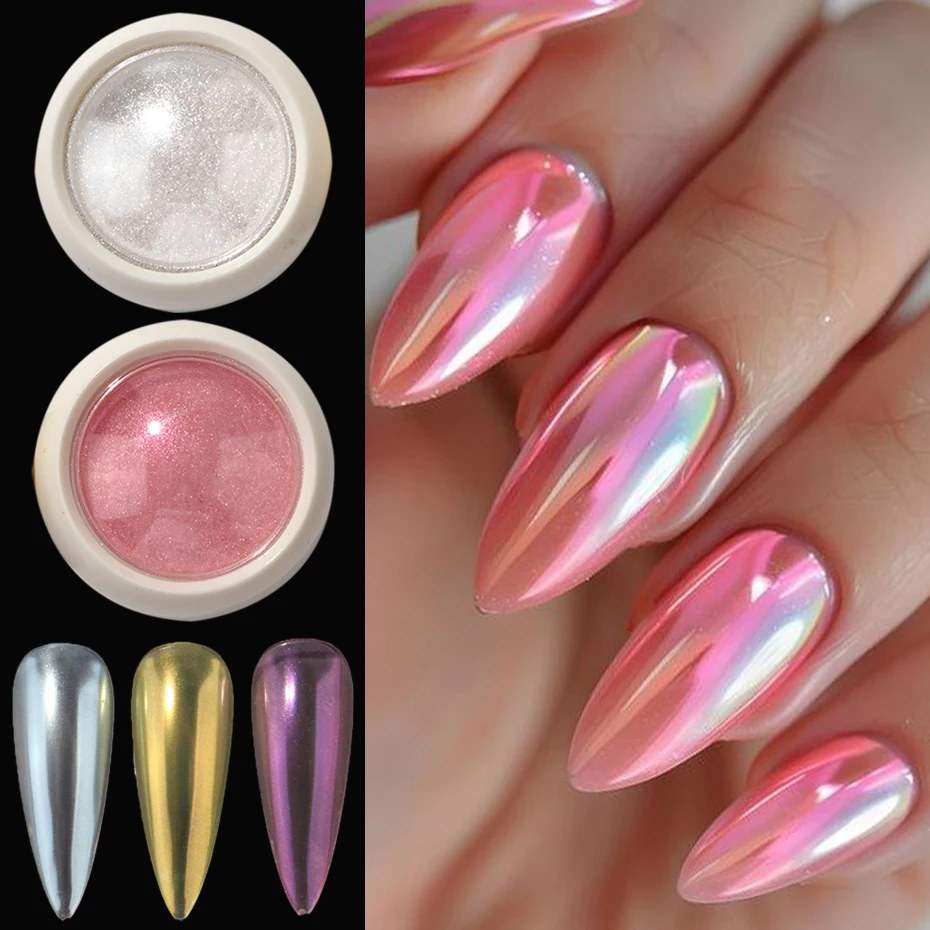 Aurora สีชมพู Chrome Nail Art Powder ไข่มุกสีขาวสีเหลือง METALLIC Mirror Glitter สําหรับเล็บฤดูใบไม้ร่วงฤดูหนาวเล็บเจลเล็บ